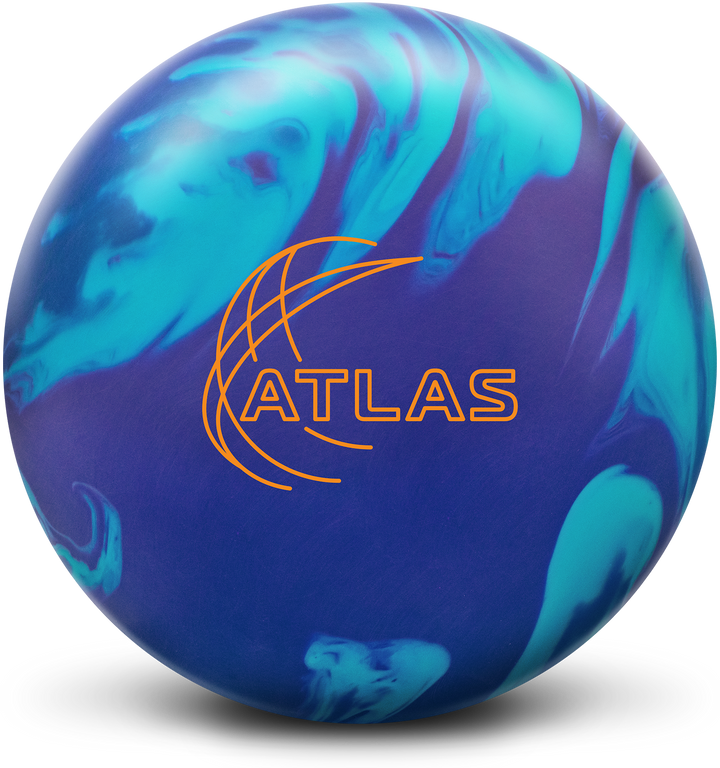 A purple, teal, and navy blue colored bowling ball with the Atlas logo in orange centered prominently.
