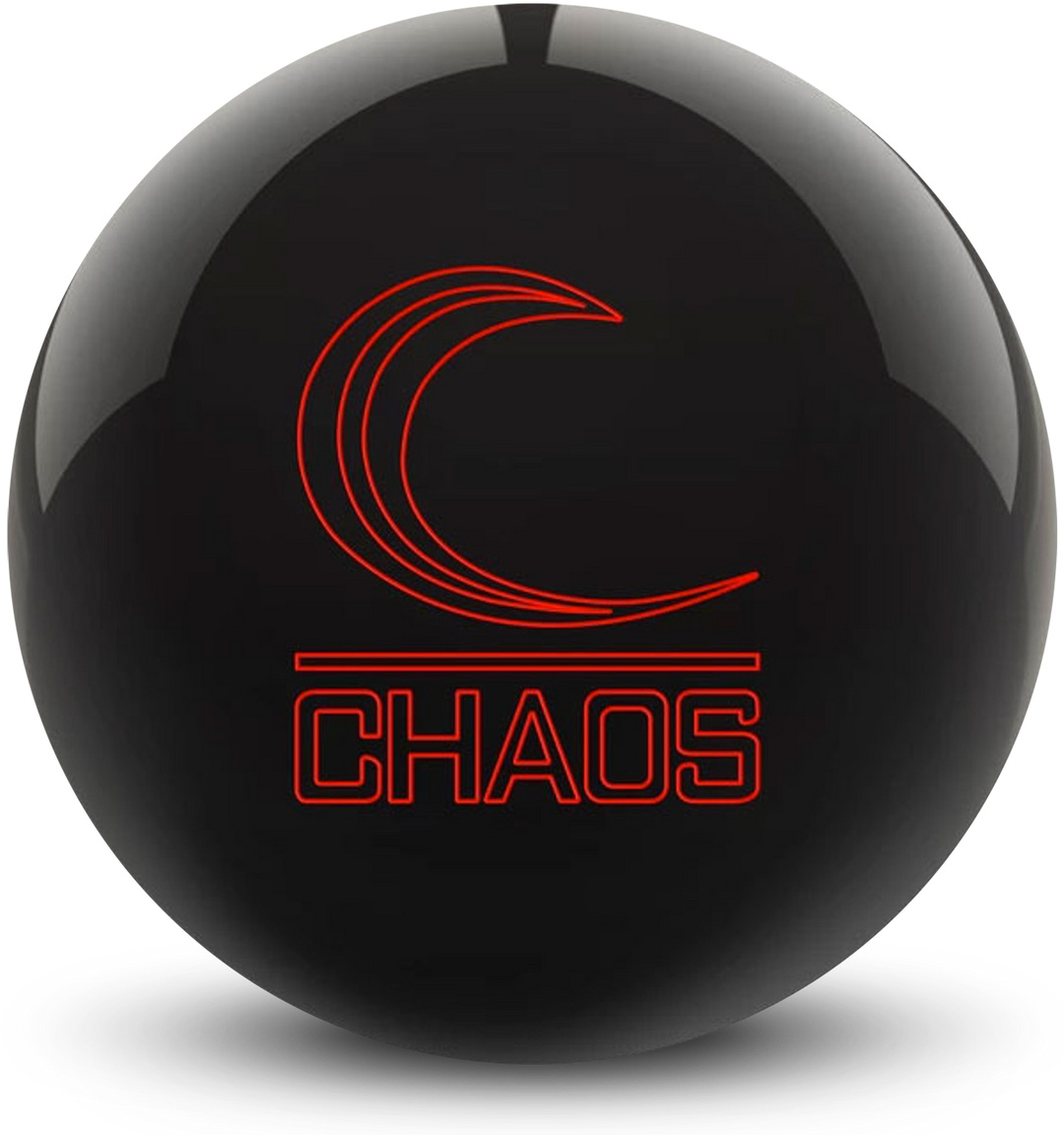 A black colored bowling ball with the Chaos logo in red centered prominently.