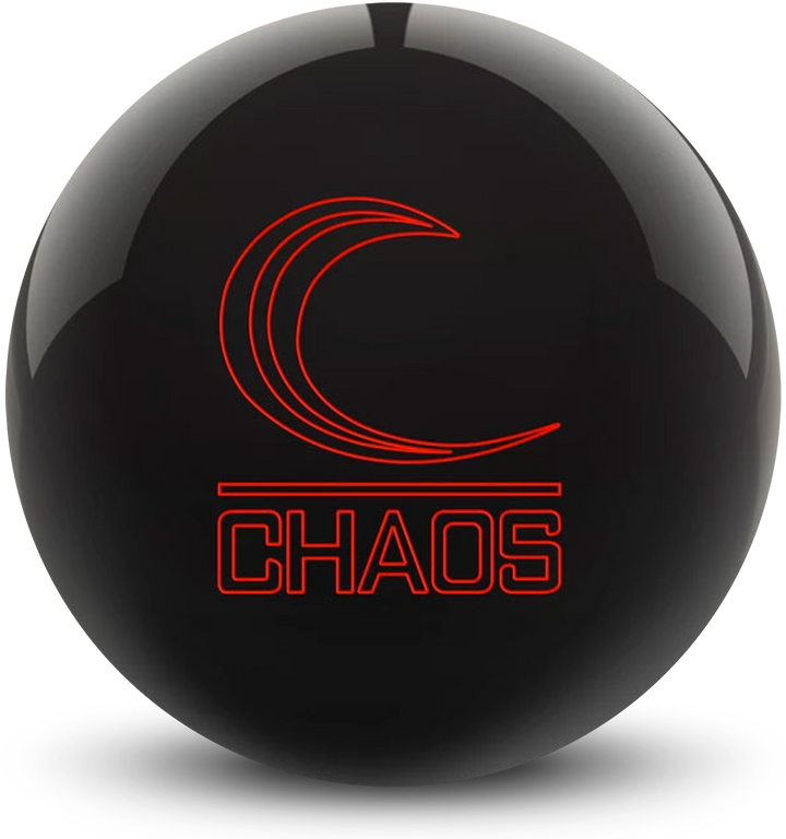 A black colored bowling ball with the Chaos logo in red centered prominently.