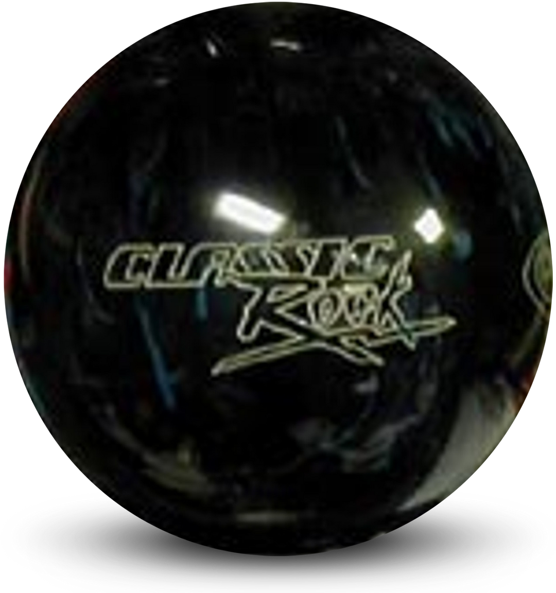 A black colored bowling ball with the Classic Rock logo in white centered prominently.