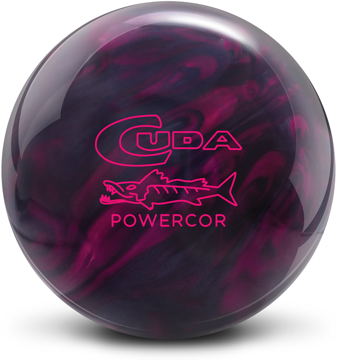 A maroon and black colored bowling ball with the Cuda Powercor logo in pink centered prominently.
