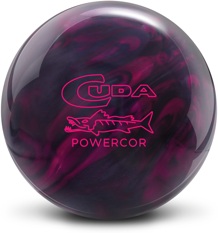 A maroon and black colored bowling ball with the Cuda Powercor logo in pink centered prominently.