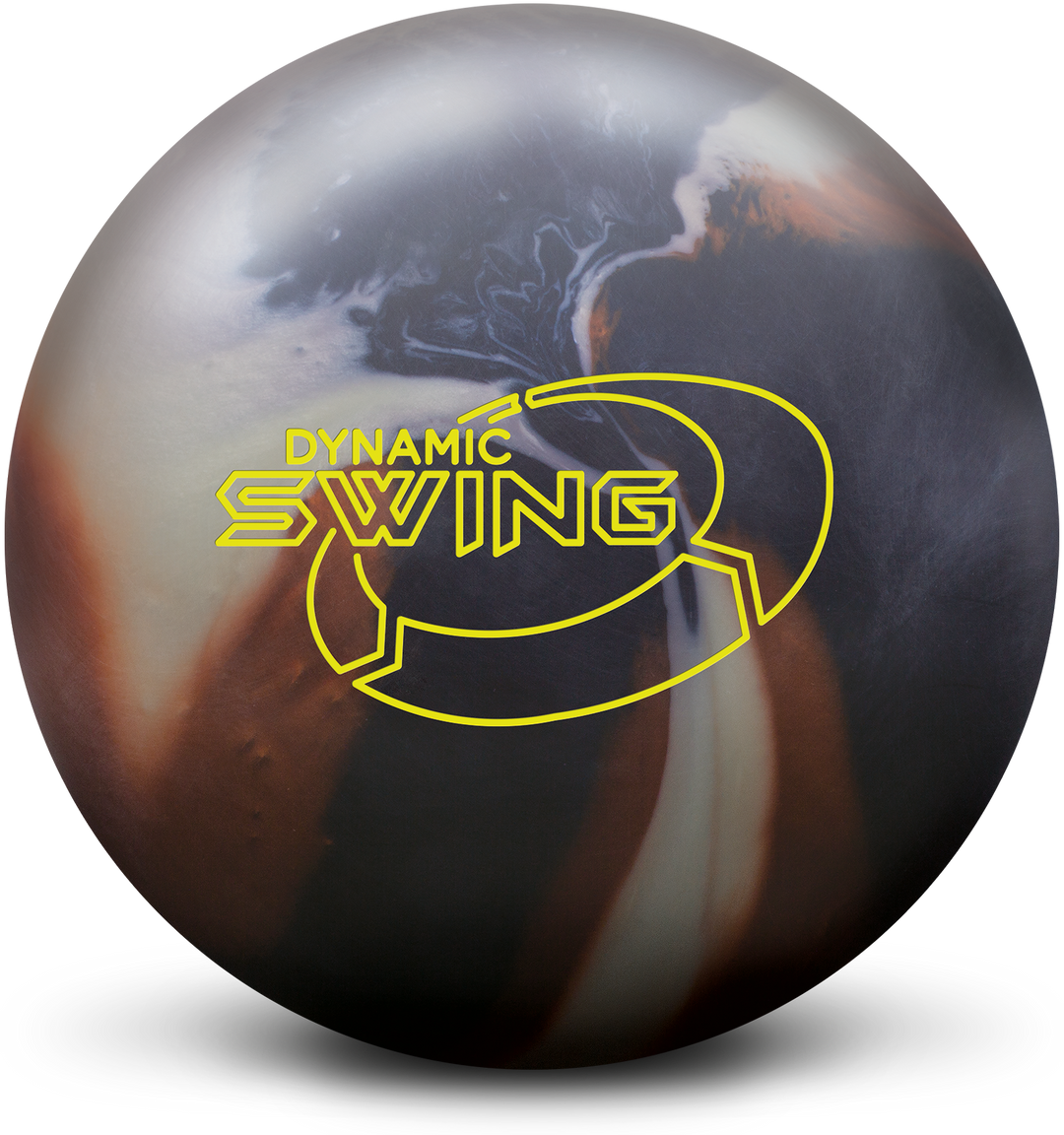 A black, caramel, and white colored bowling ball with the Dynamic Swing logo in neon yellow centered prominently.