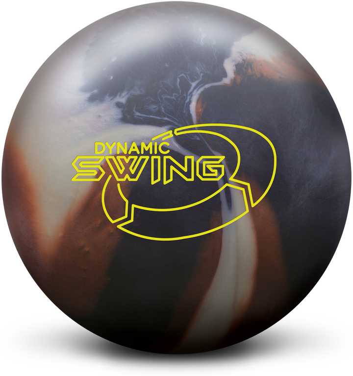 A black, caramel, and white colored bowling ball with the Dynamic Swing logo in neon yellow centered prominently.