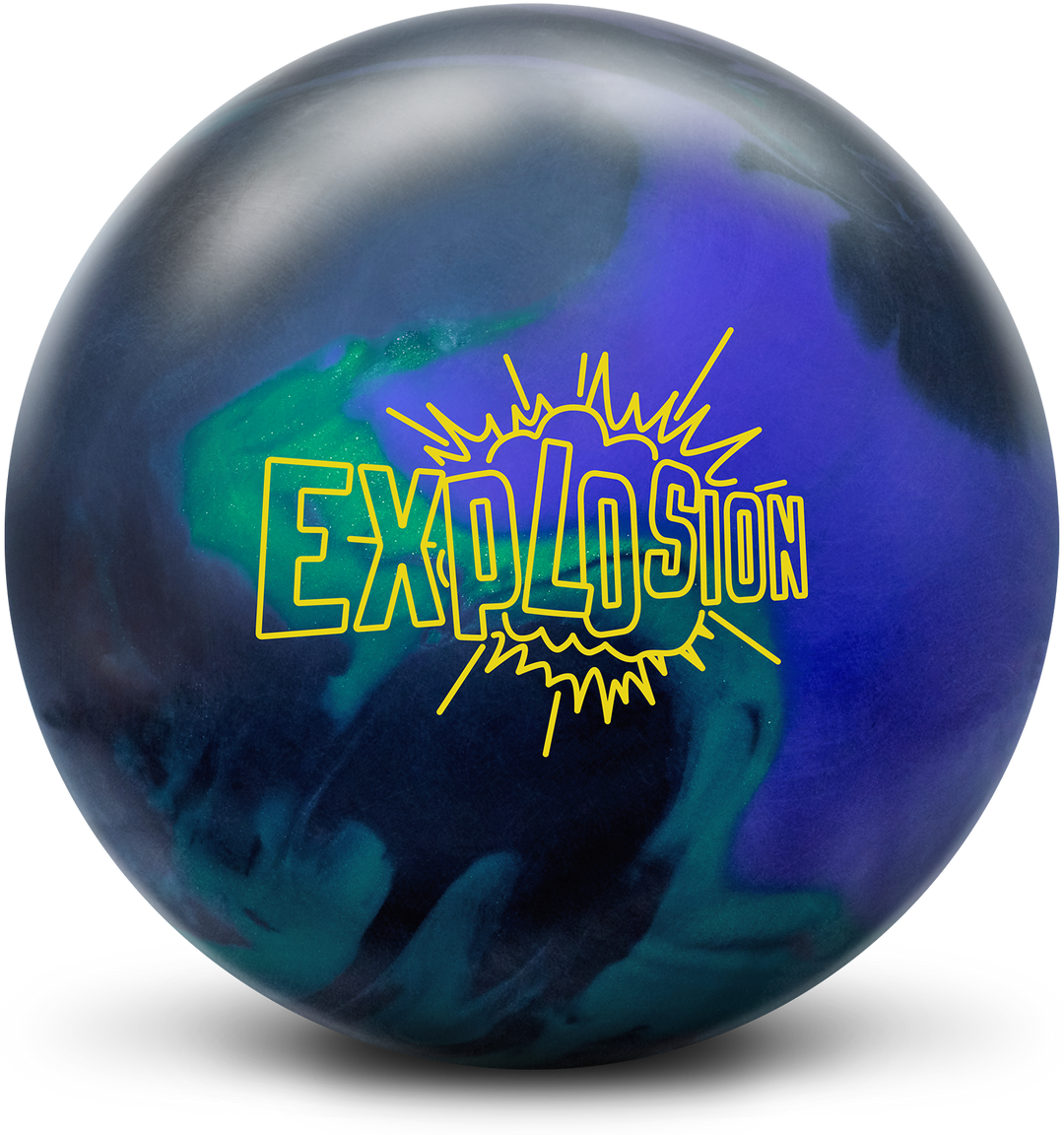 A black, purple, and emerald colored bowling ball with the Explosion logo in neon yellow centered prominently.