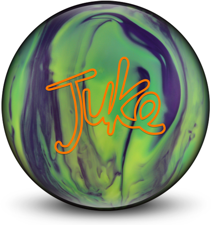 A green, yellow, and purple colored bowling ball with the Juke logo in orange centered prominently.