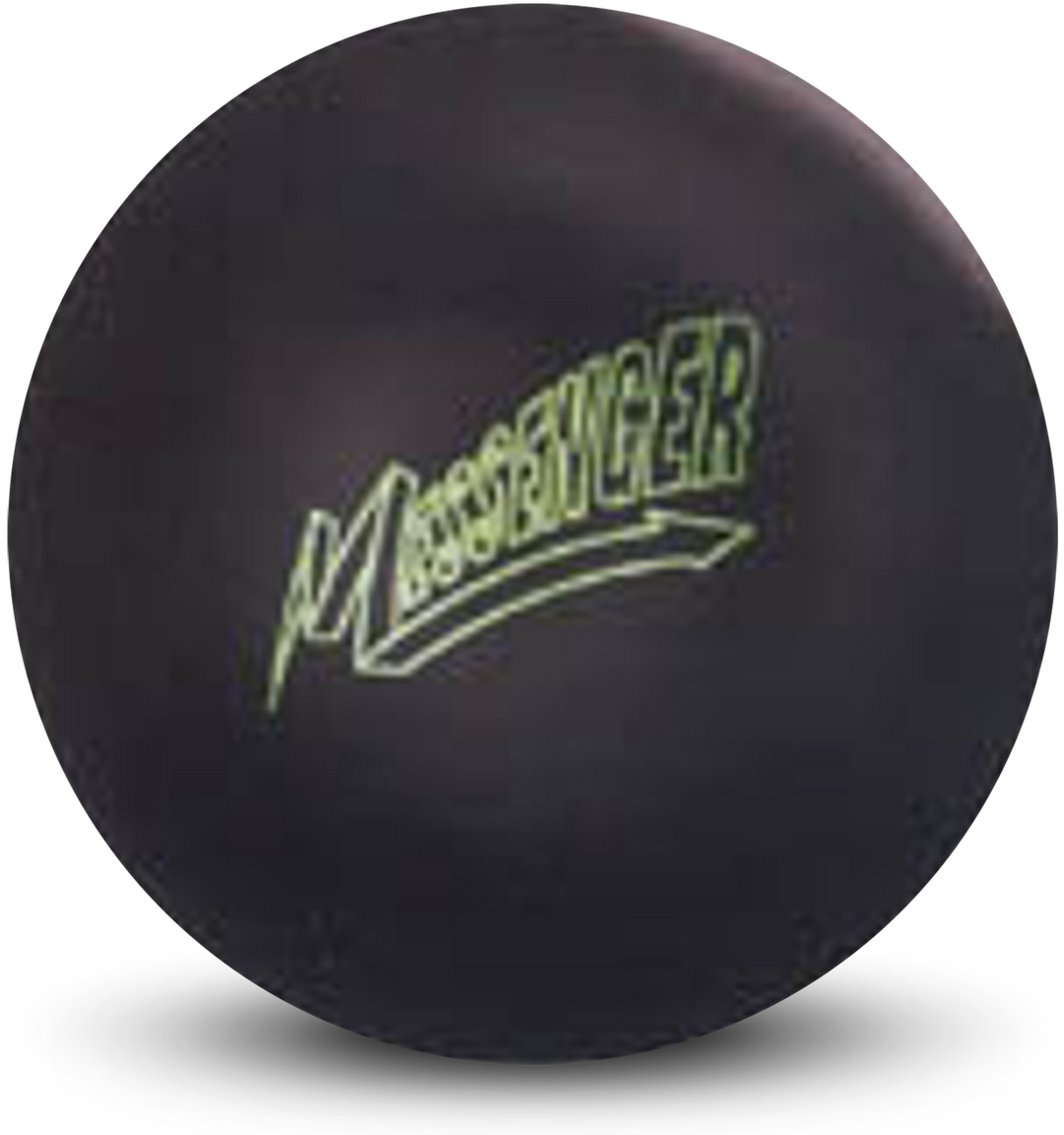 A black colored bowling ball with the Messenger logo in yellow centered prominently.