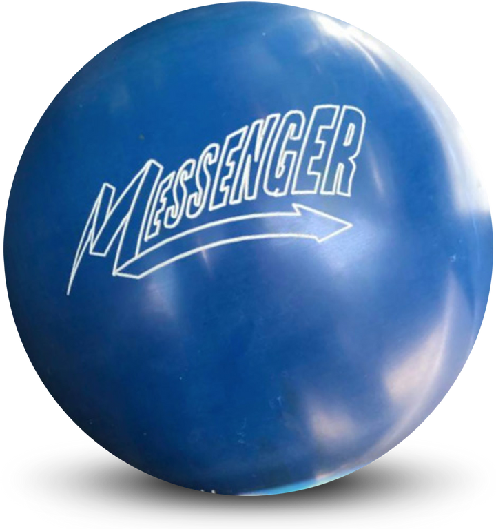 An arctic blue colored bowling ball with the Messenger logo in white centered prominently.