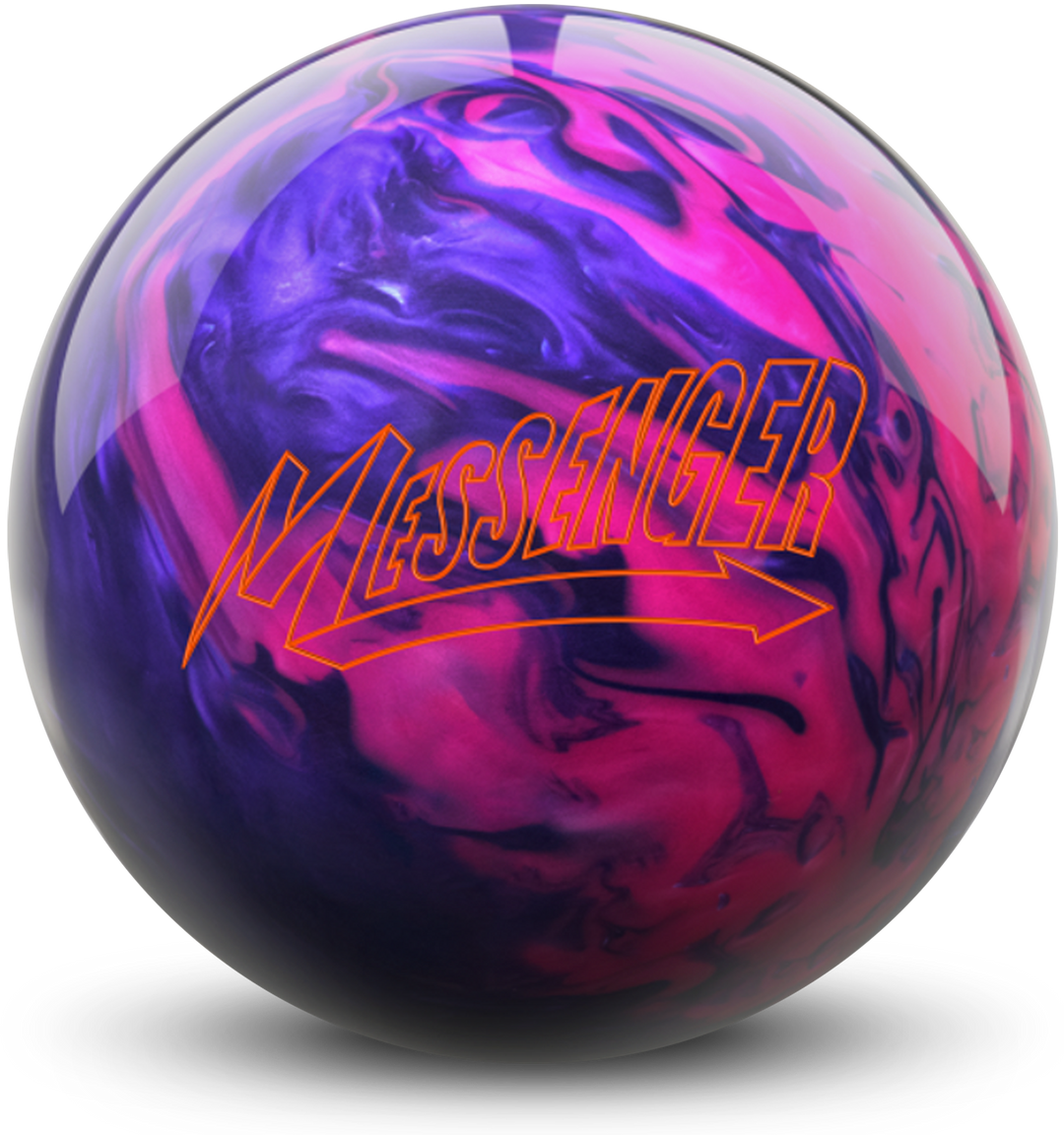 A pink and purple colored bowling ball with the Messenger logo in orange centered prominently.