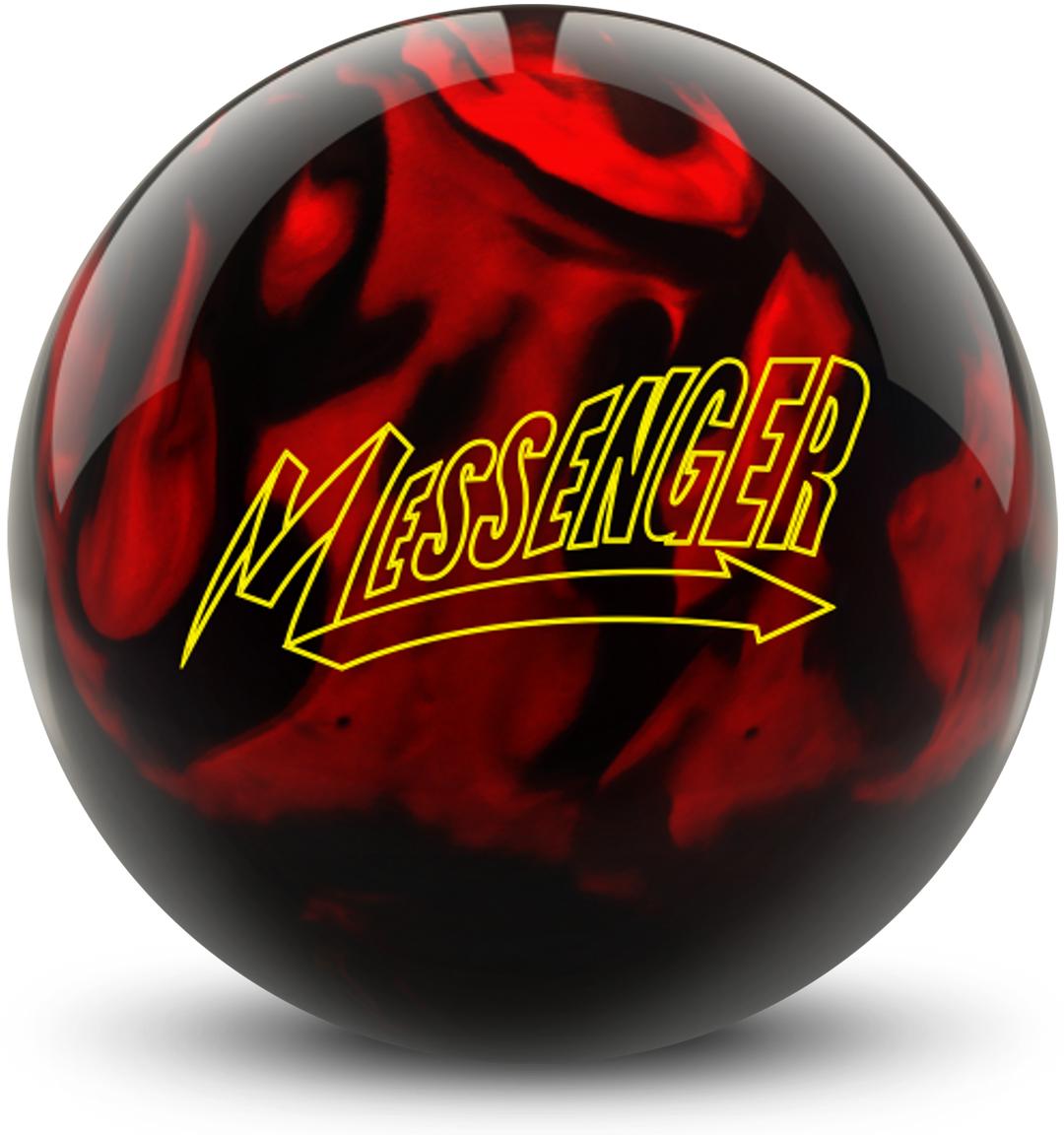 A red and black colored bowling ball with the Messenger logo in yellow centered prominently.