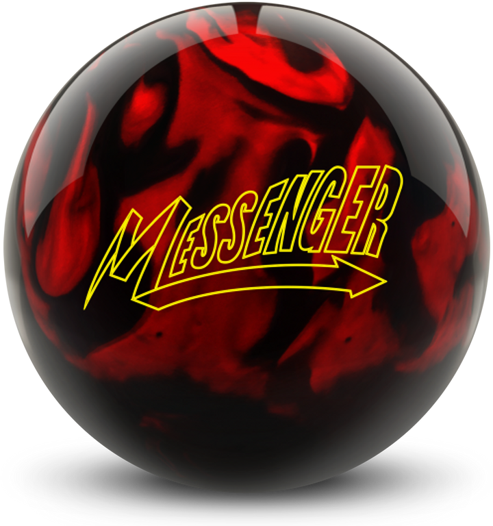A red and black colored bowling ball with the Messenger logo in yellow centered prominently.