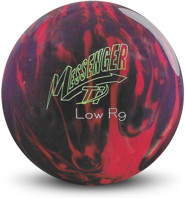A purple and red colored bowling ball with the Messenger Ti Low RG logo in yellow and white centered prominently.