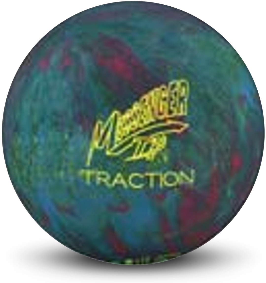 A blue, wine, and jade colored bowling ball with the Messenger Ti Traction logo in yellow centered prominently.