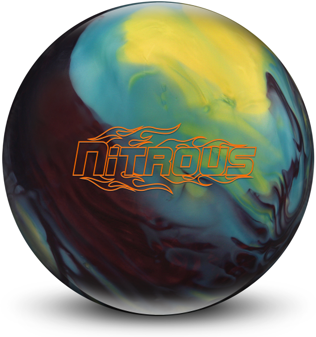 A black cherry, yellow, and blue colored bowling ball with the Nitrous logo in orange centered prominently.