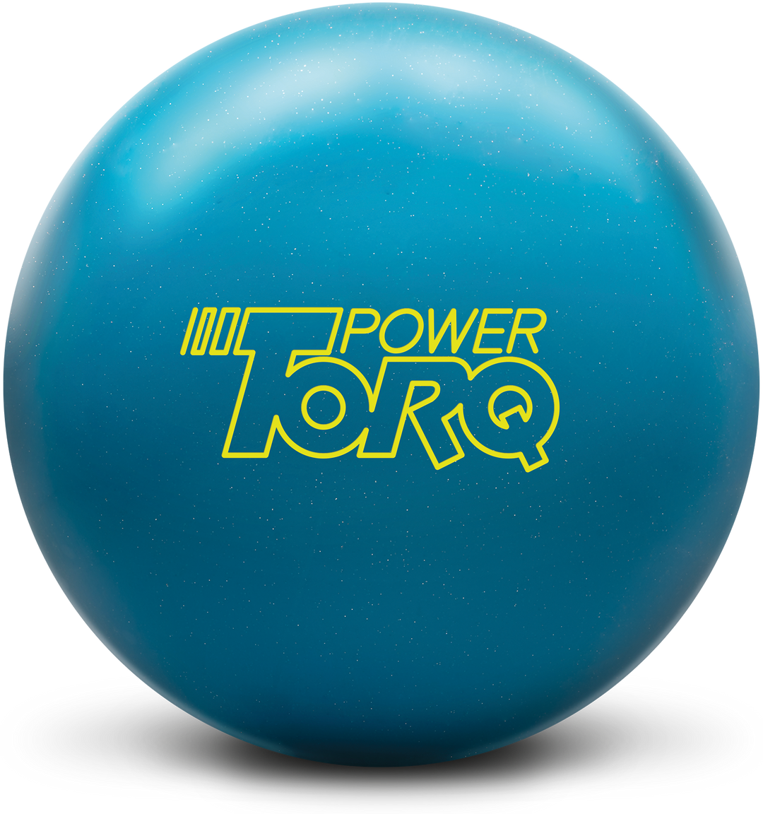 A sky blue colored bowling ball with reflective speckles and the Power Torq logo in bright yellow centered prominently.