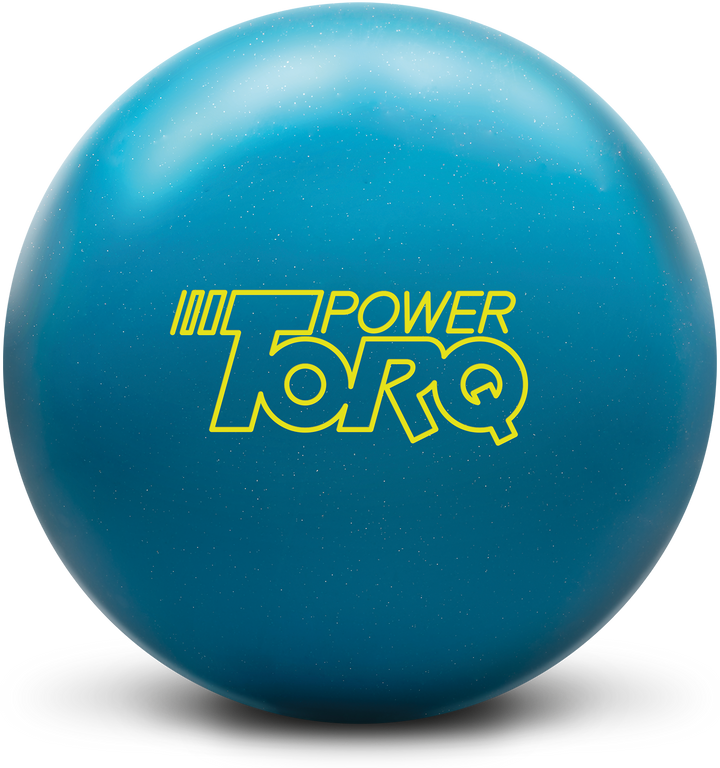 A sky blue colored bowling ball with reflective speckles and the Power Torq logo in bright yellow centered prominently.
