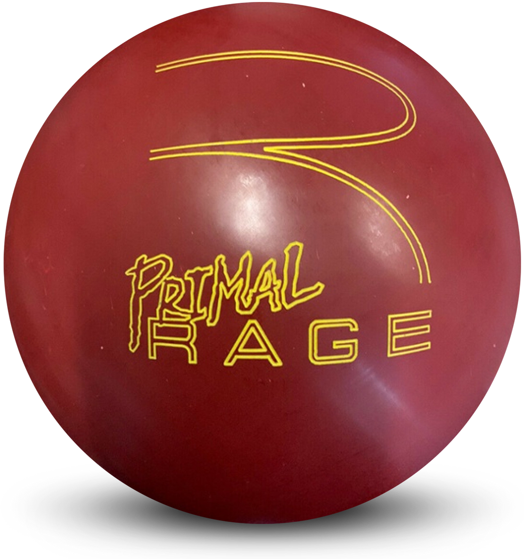 A red colored bowling ball with the Primal Rage logo in yellow centered prominently.