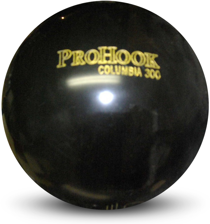 A black colored bowling ball with the ProHook Columbia 300 logo in yellow centered prominently.