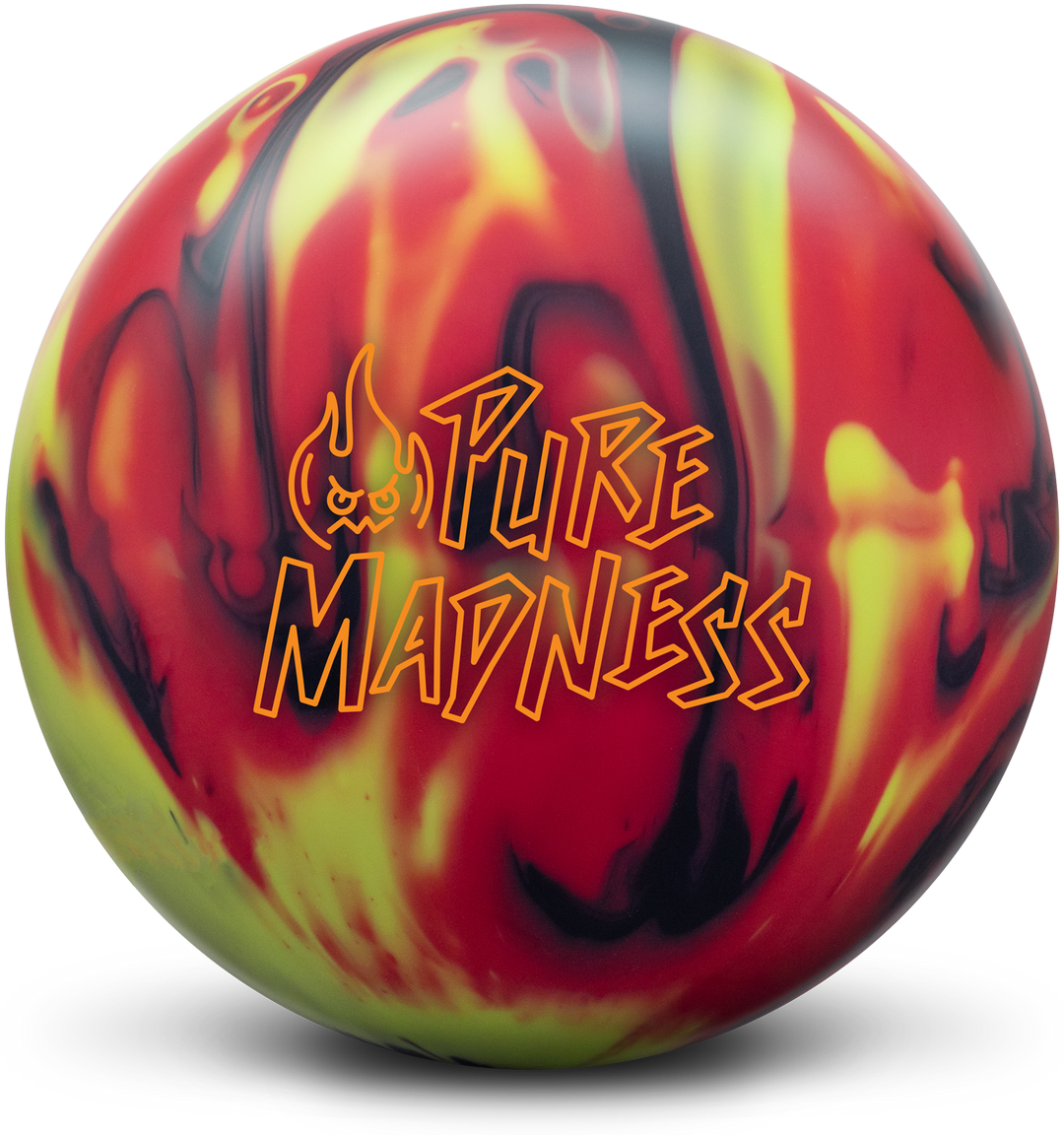 A black, red, and yellow colored bowling ball with the Pure Madness logo in orange centered prominently.