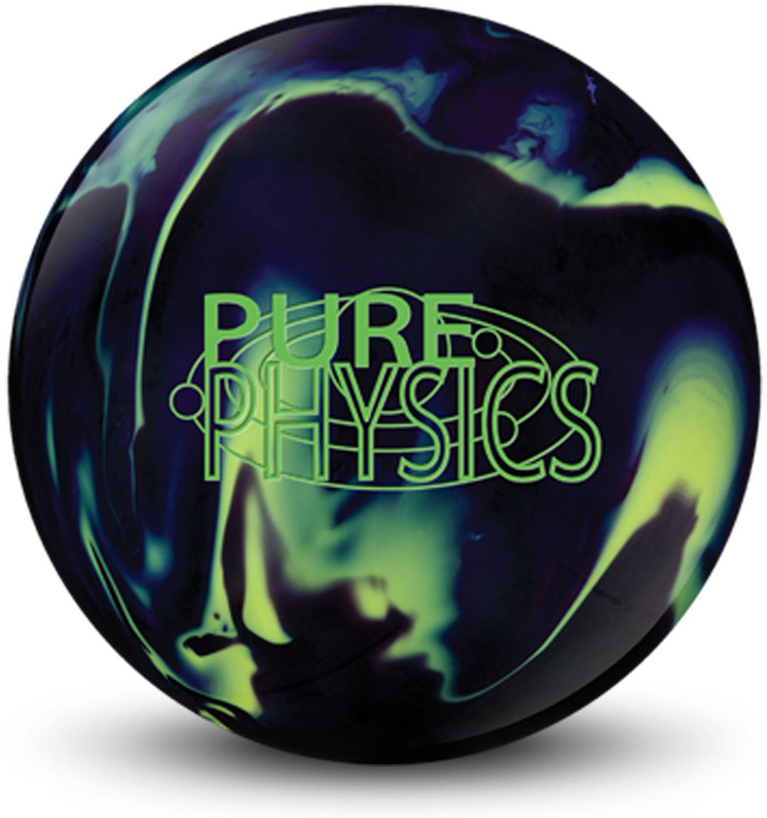 A black, purple, and yellow colored bowling ball with the Pure Physics logo in bright green centered prominently.