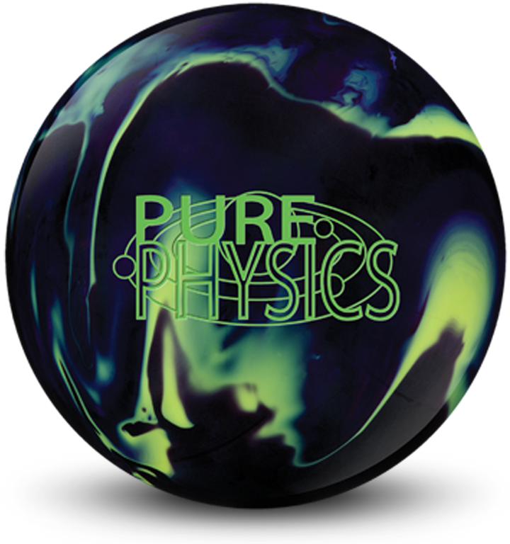A black, purple, and yellow colored bowling ball with the Pure Physics logo in bright green centered prominently.