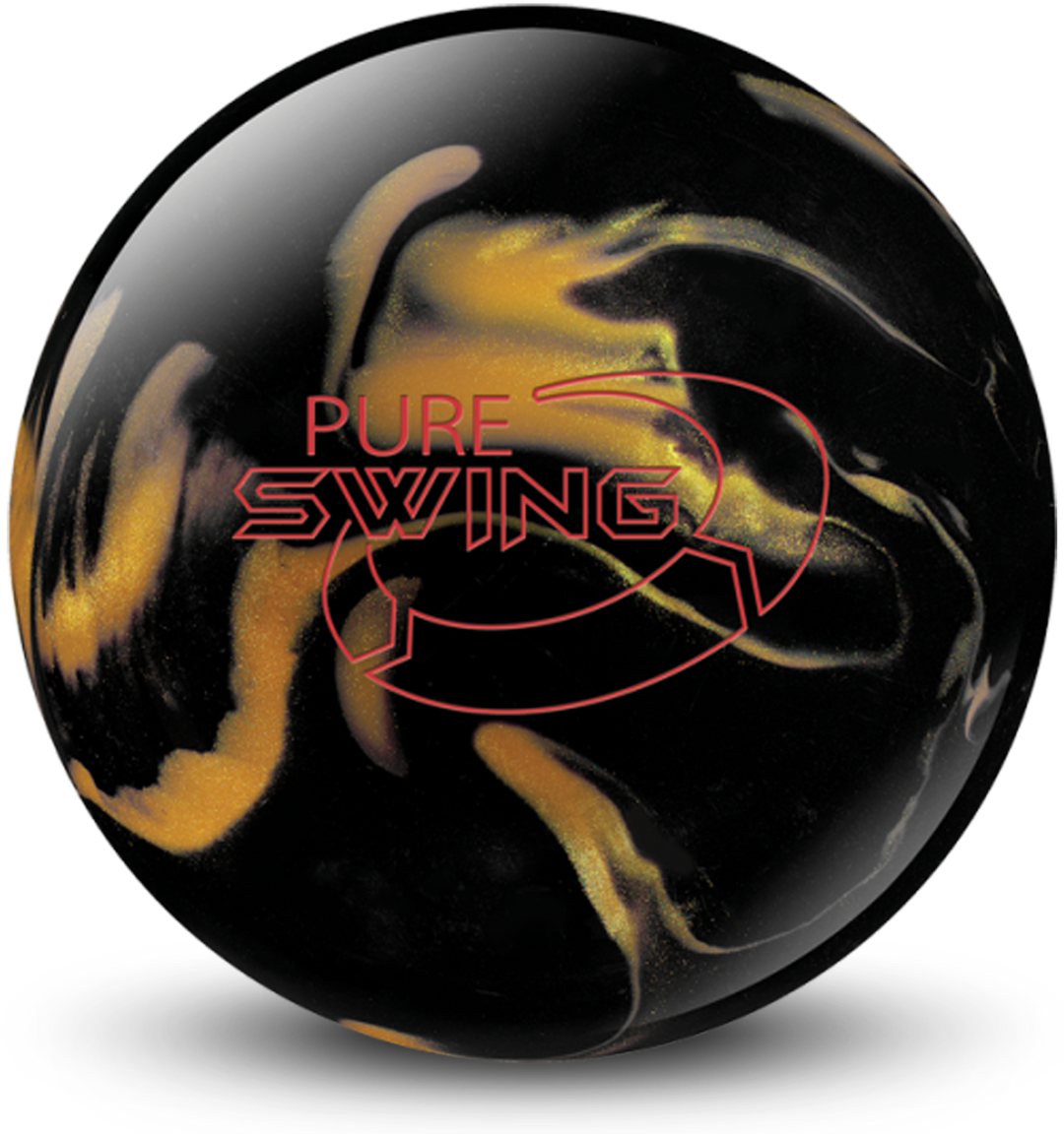 A black and gold pearl colored bowling ball with the Pure Swing logo in red centered prominenlty.