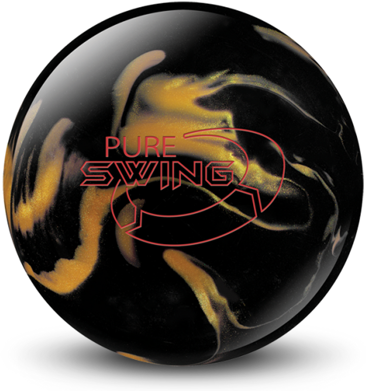 A black and gold pearl colored bowling ball with the Pure Swing logo in red centered prominenlty.