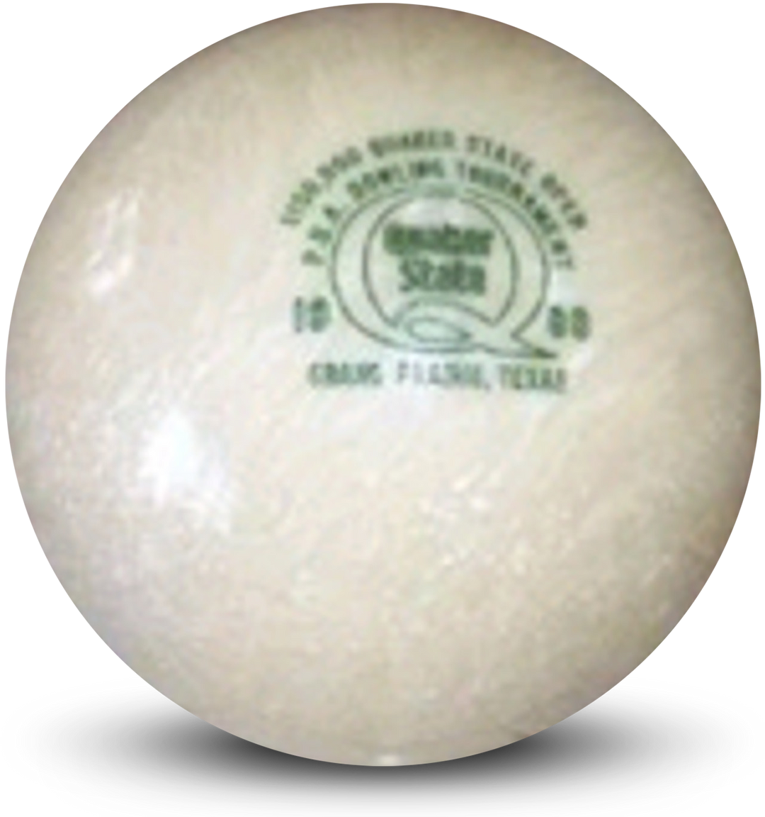 A white pearl colored bowling ball with the Quaker State 1988 Pro-Am logo in green.