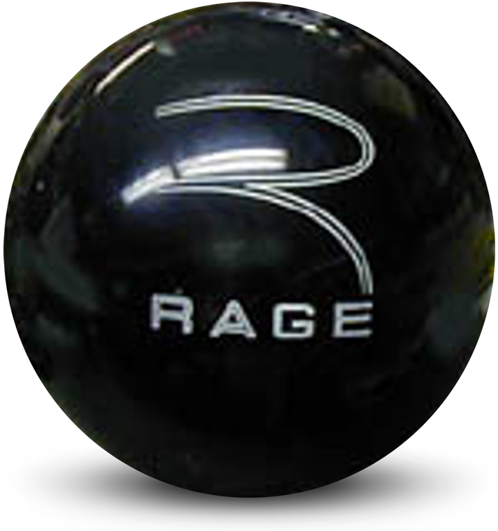 A black colored bowling ball with the Rage logo in white centered prominently.