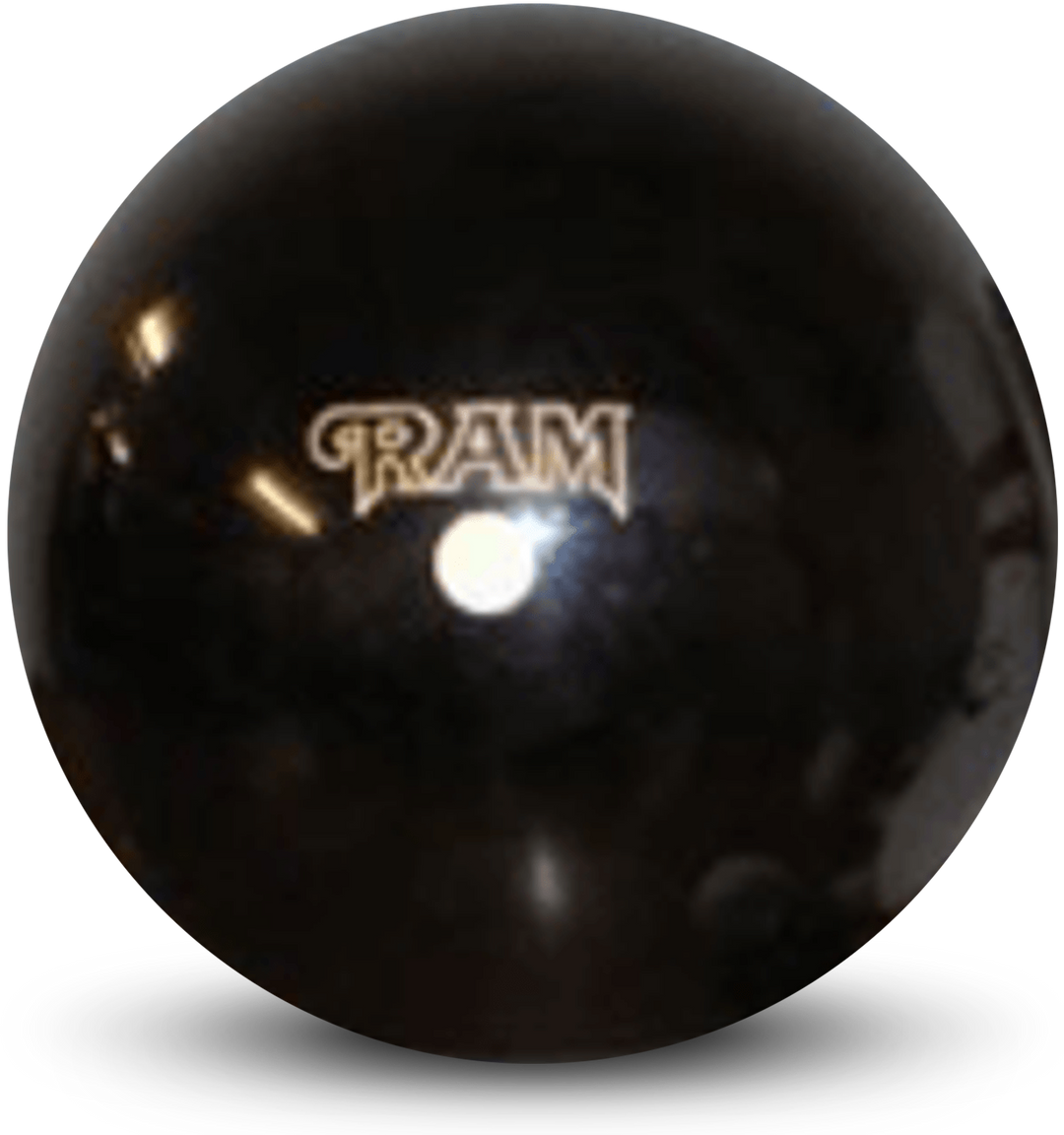 A black colored bowling ball with the Ram logo in white centered prominently.