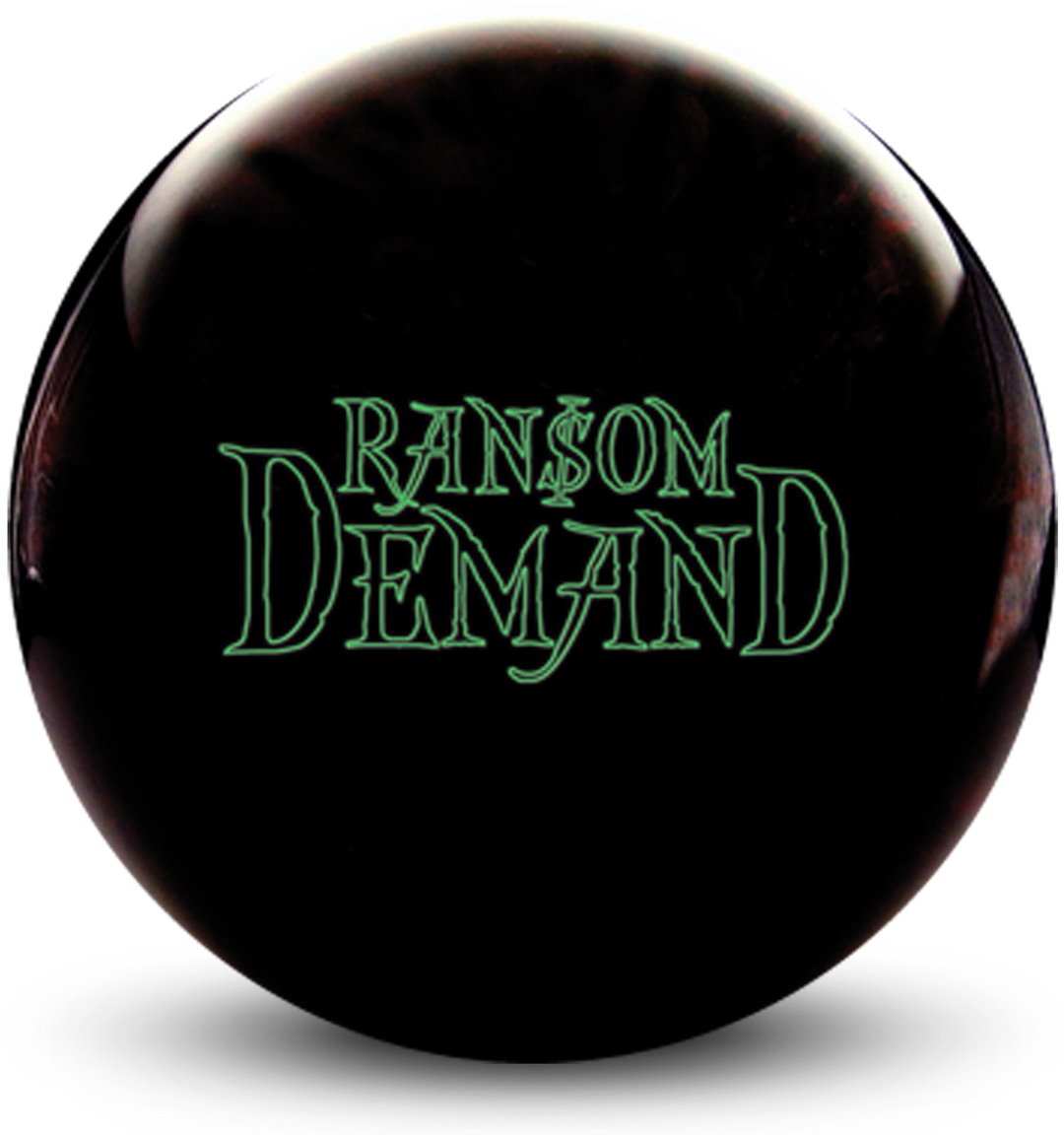 A black and crimson colored bowling ball with the Ransom Demand logo in neon green centered prominently.