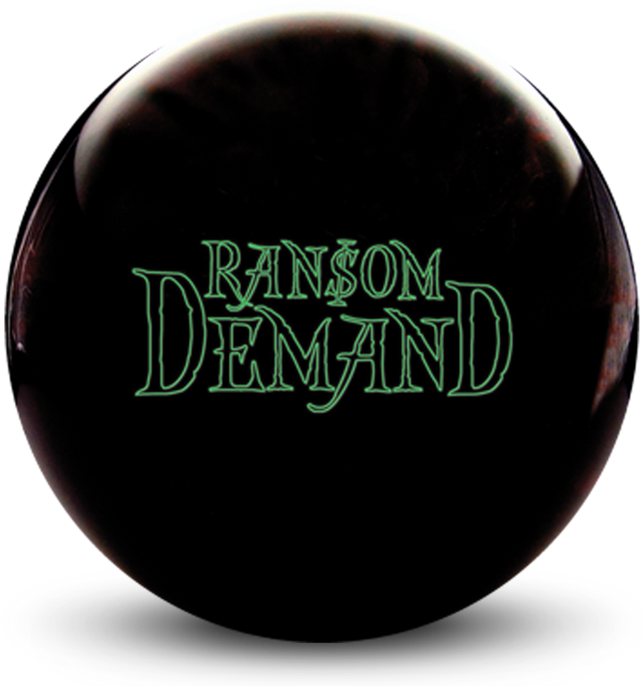 A black and crimson colored bowling ball with the Ransom Demand logo in neon green centered prominently.