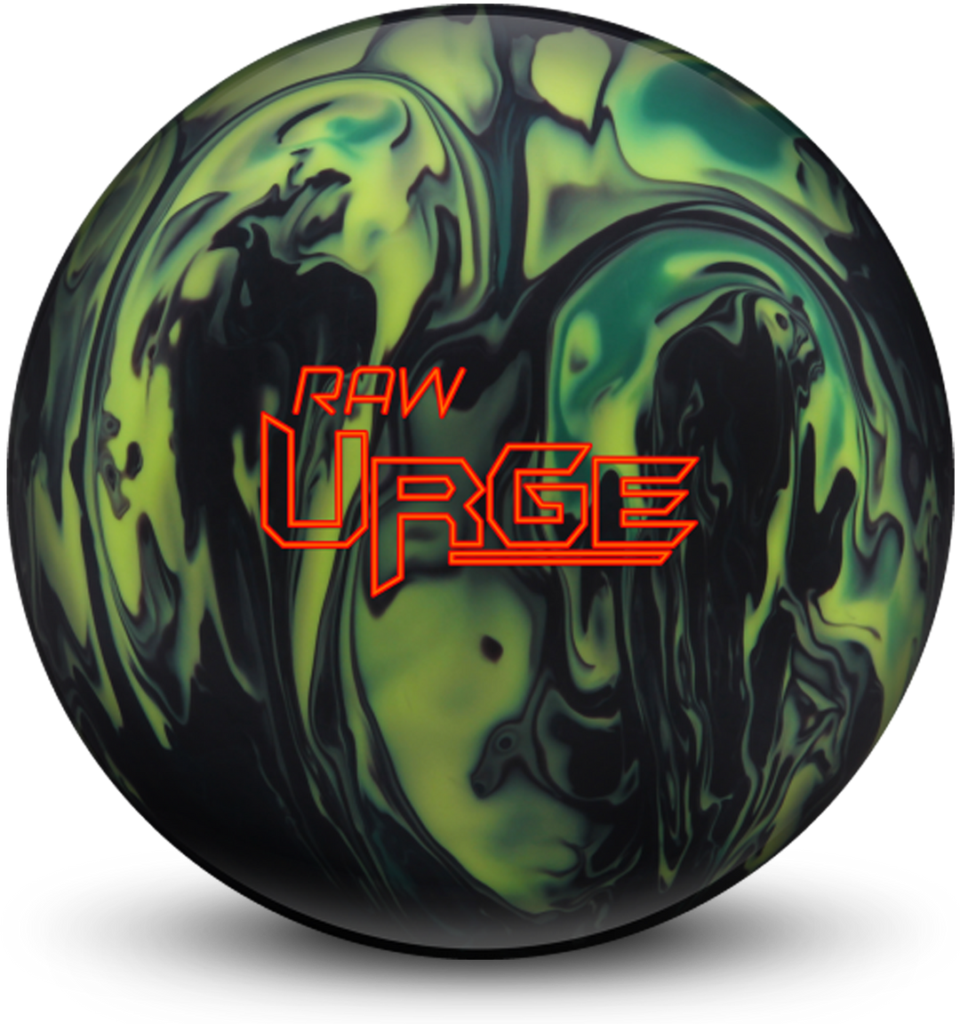 A black, green, and yellow colored bowling ball with the Raw Urge logo in orange centered prominently.