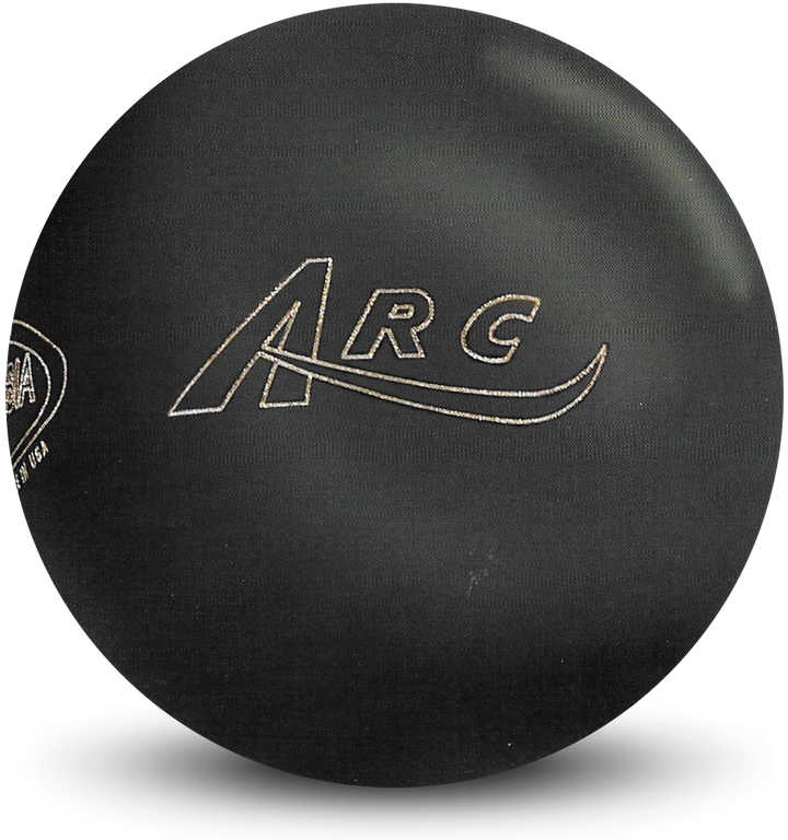 A black colored bowling ball with the Arc logo in silver centered prominently.