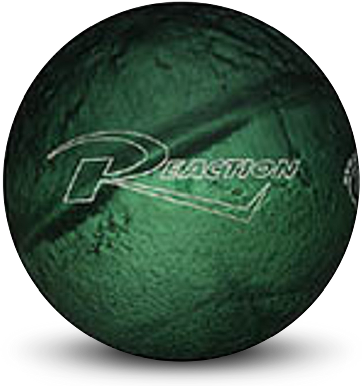 A green colored bowling ball with the Reaction logo in white centered prominently.