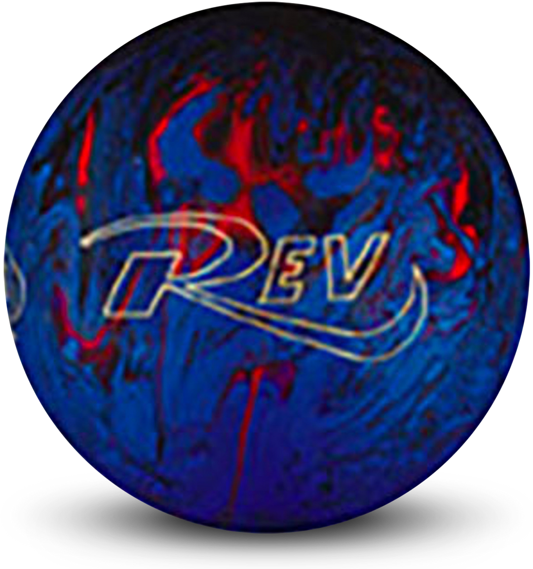A blue, black, and orange colored bowling ball with the REV logo in white centered prominently.
