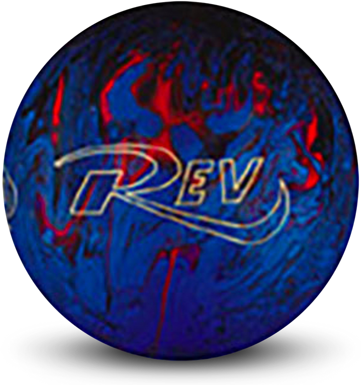 A blue, black, and orange colored bowling ball with the REV logo in white centered prominently.
