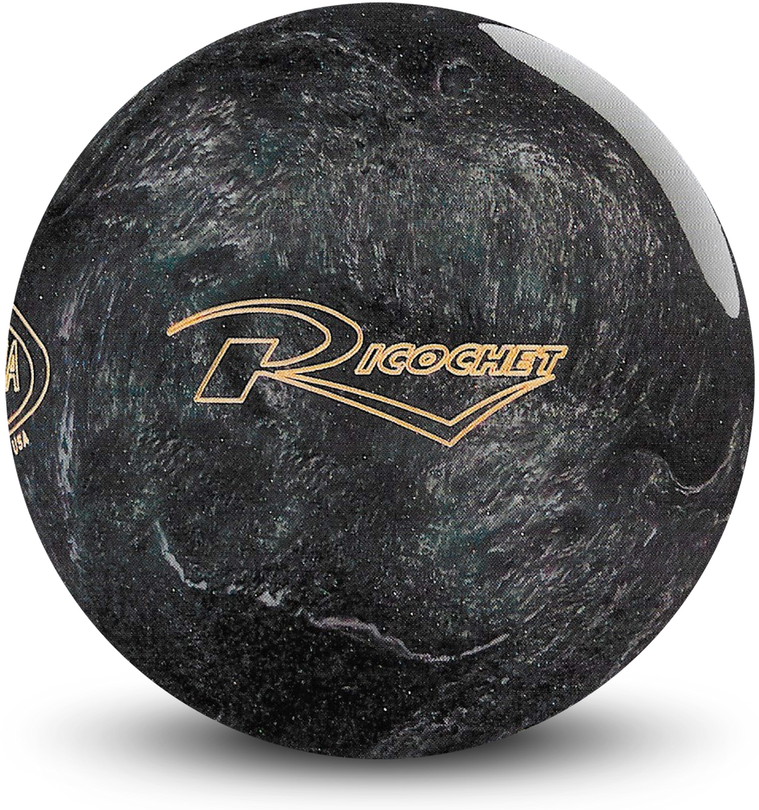 A black pearl colored bowling ball with the Ricochet logo in gold centered prominently.