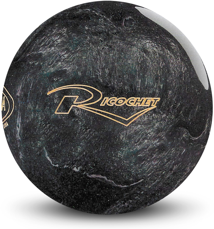 A black pearl colored bowling ball with the Ricochet logo in gold centered prominently.