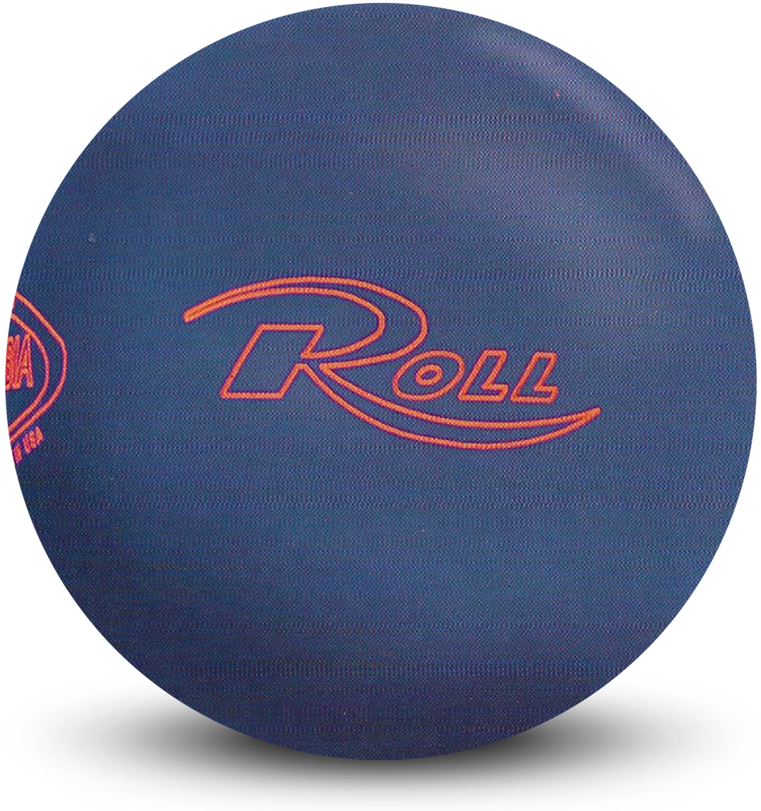 A blue colored bowling ball with the ROLL logo in red centered prominently.