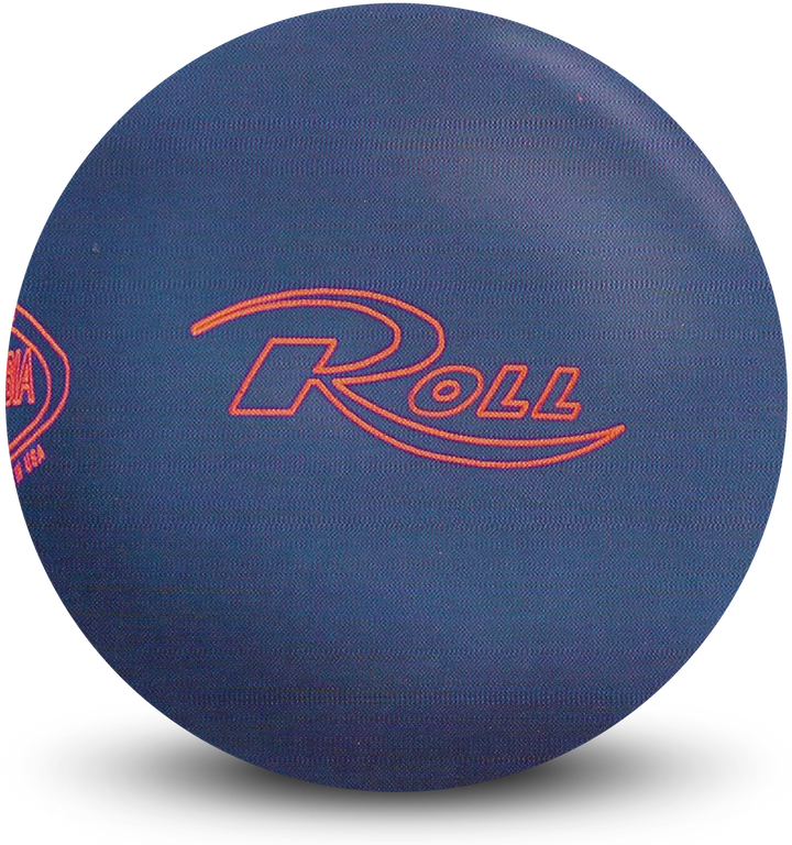 A blue colored bowling ball with the ROLL logo in red centered prominently.