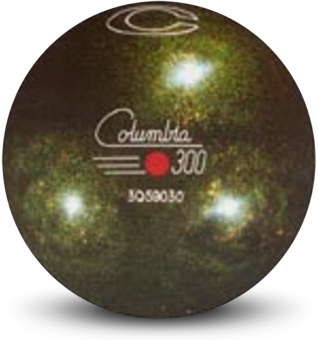 A green colored bowling ball with the Columbia 300 logo in white centered prominently with a red dot in the middle.