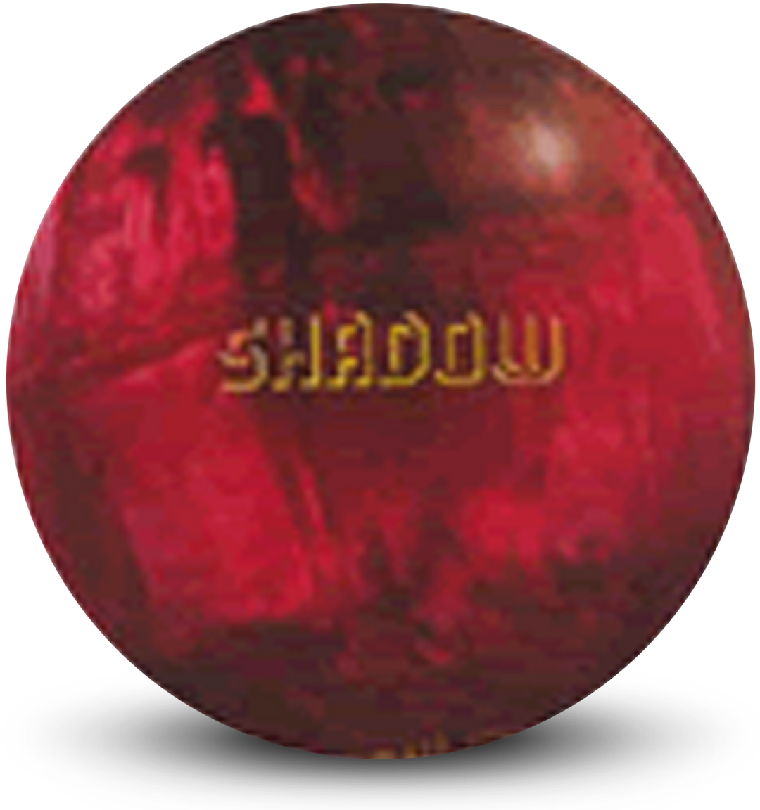 A red and black colored bowling ball with the Shadow logo in yellow centered prominently.