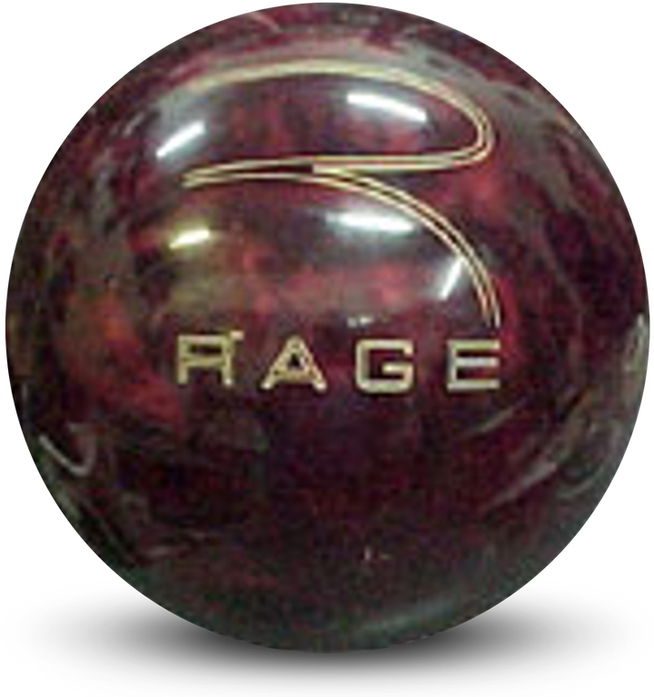 A burgundy colored bowling ball with the RAGE logo in white centered prominently.