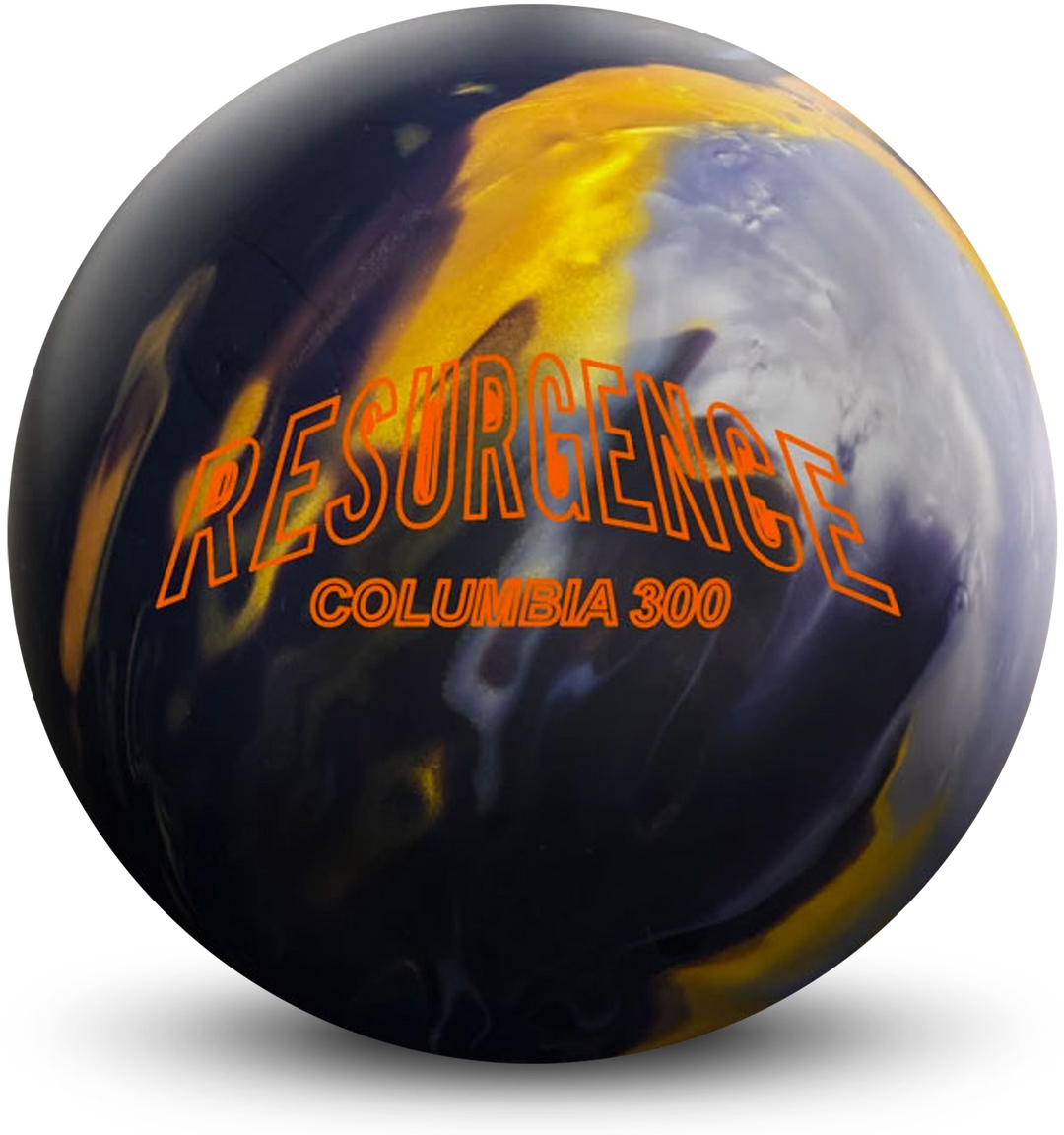 A black, gold, and silver colored bowling ball with the Resurgence Columbia 300 logo in orange centered prominently.
