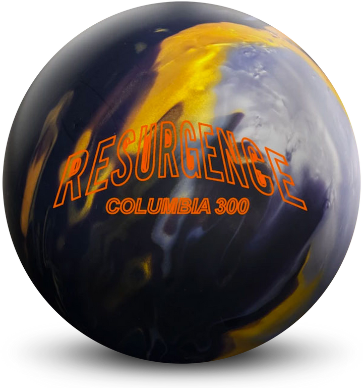 A black, gold, and silver colored bowling ball with the Resurgence Columbia 300 logo in orange centered prominently.