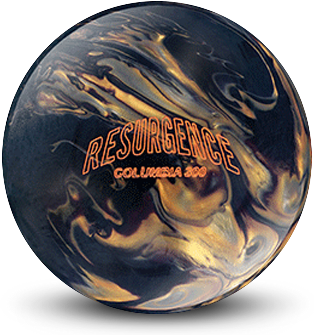 A black, gold, and silver colored bowling ball with the Resurgence Columbia 300 logo in orange centered prominently.