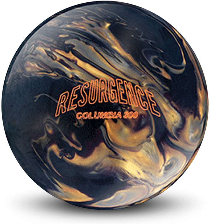 A black, gold, and silver colored bowling ball with the Resurgence Columbia 300 logo in orange centered prominently.