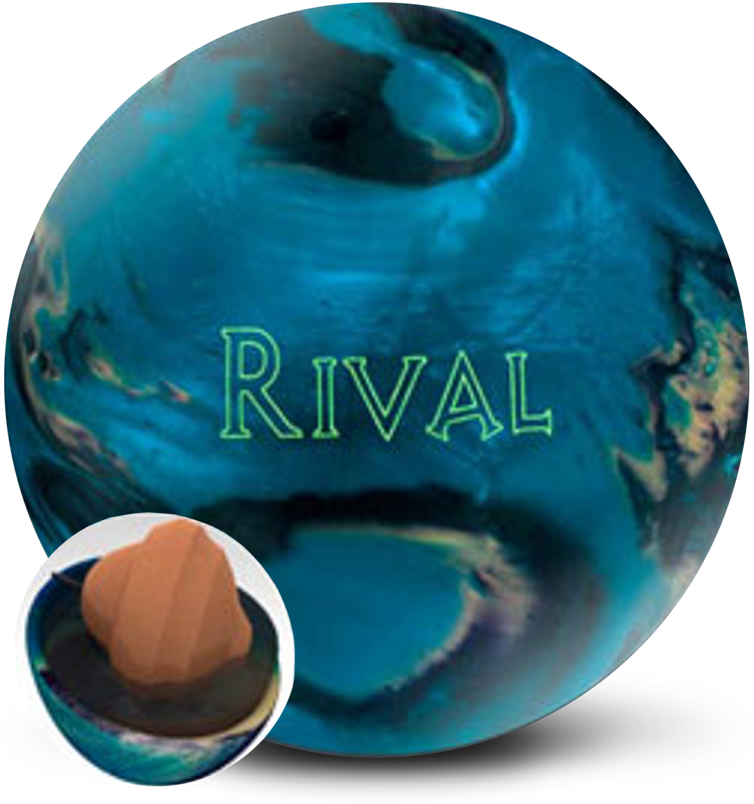 A blue, black, and yellow colored bowling ball with the Rival logo in neon green centered prominently and with a small core image in the lower left-hand corner.