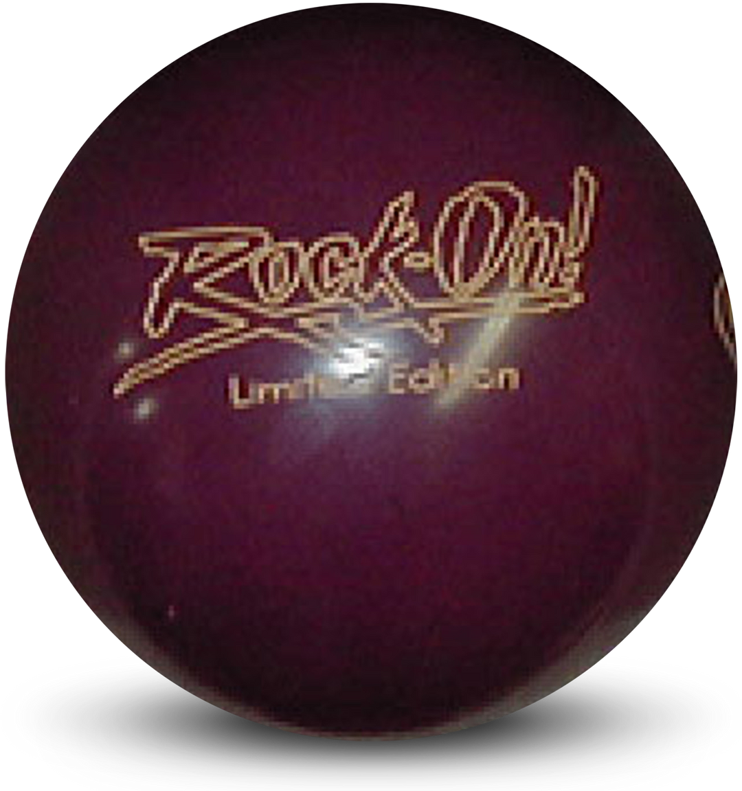 A burgundy colored bowling ball with the Rock-On Limited Edition logo in white centered prominently.